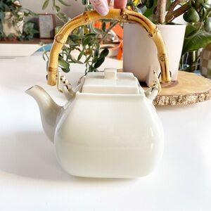 Pottery Barn Asian Square Ceramic Bamboo Handle Teapot